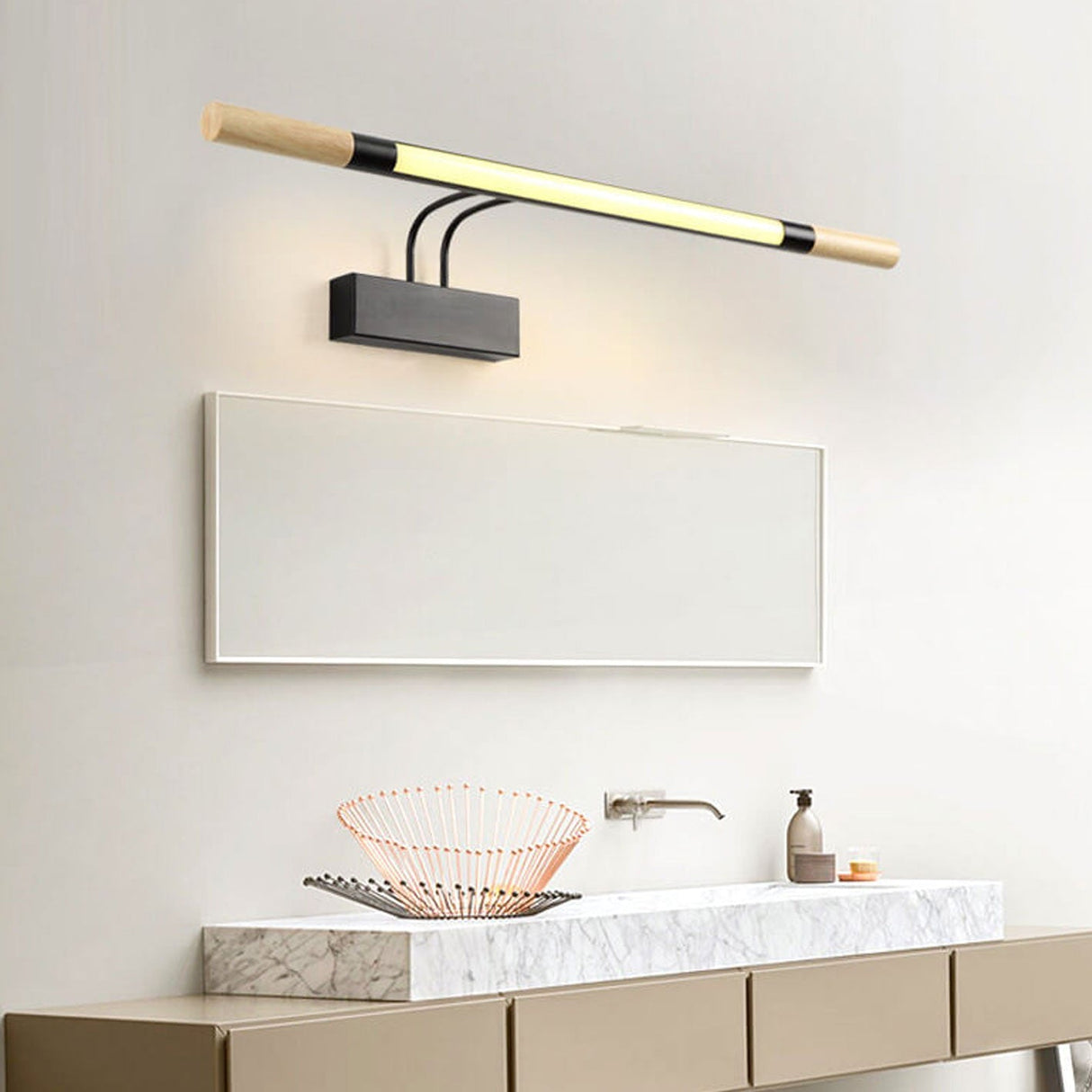 Nordic Solid Wood Vanity Light with Curved Arm — Long LED Wall Sconce
