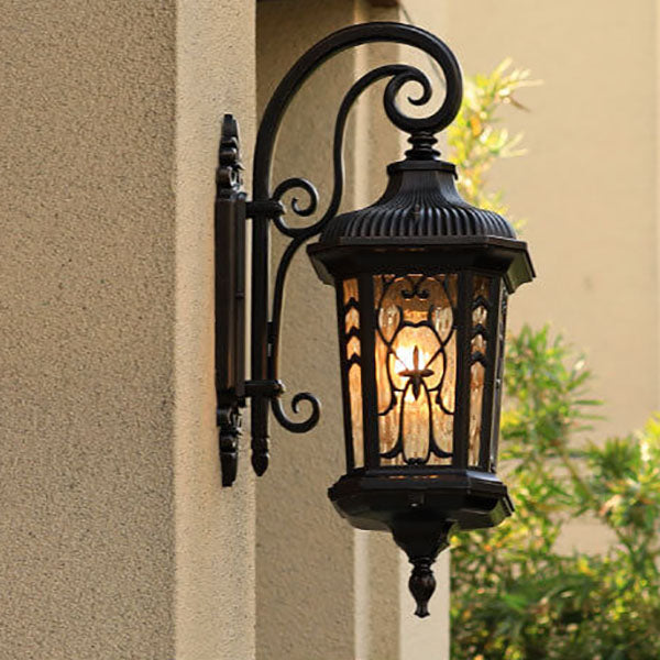 European Outdoor Wall Sconce Lamp – Carved Cage, Aluminum & Glass, 1-Light