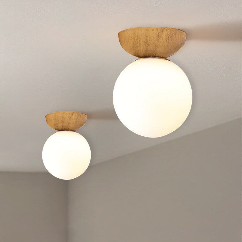 Nordic Japanese Glass Orb Ceiling Light — Wood Grain Iron Finish, 1-Light