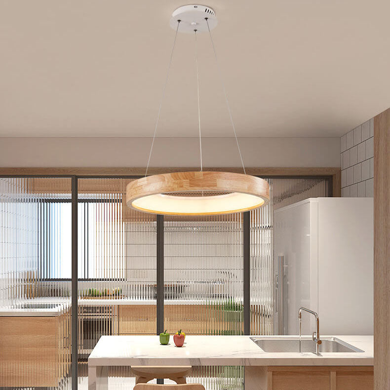 Japanese Minimalist Log-Circle Island LED Chandelier