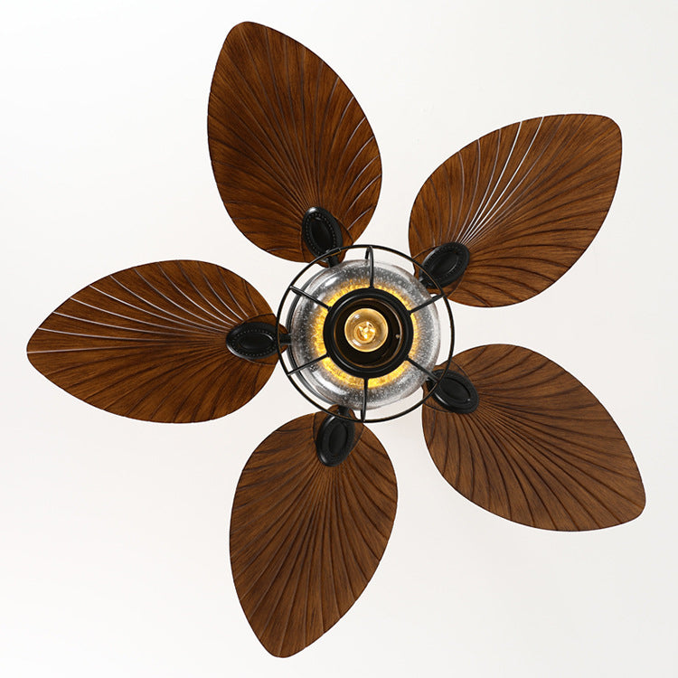 Traditional Rustic Lantern Ceiling Fan with Banana-Shaped Blades and Iron-and-Glass Light — 1-Light, Downrod Mount, Perfect for Living Rooms