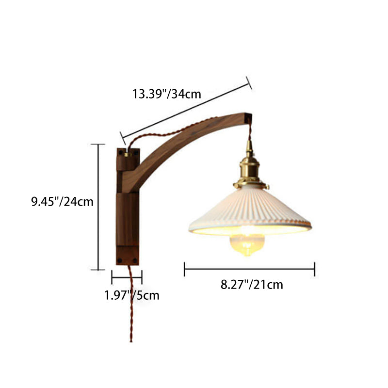 Nordic Milk-White Striped Glass and Walnut 1-Light Wall Sconce with Retractable Arm