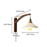 Nordic Milk-White Striped Glass and Walnut 1-Light Wall Sconce with Retractable Arm