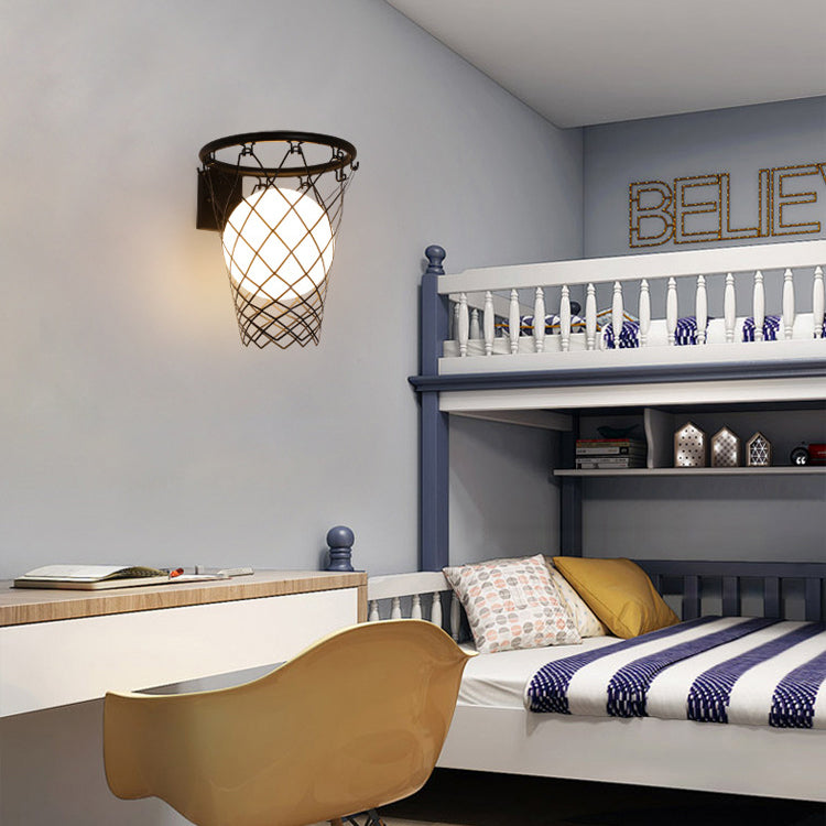 Modern Art Deco Kids' Iron & Glass Basketball Hoop Wall Sconce Lamp – 1-Light Bedroom Lighting