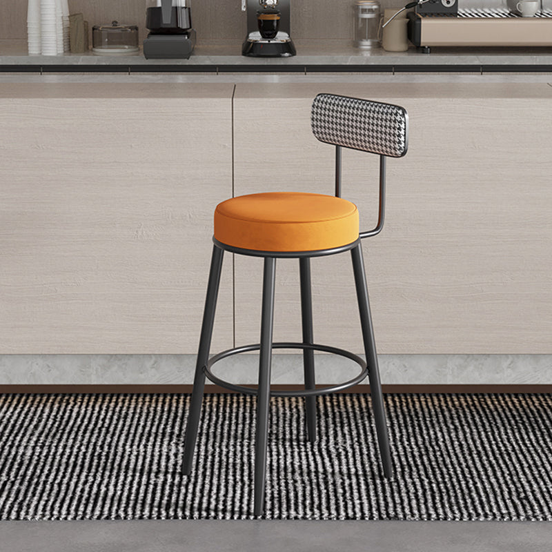 Sleek Contemporary Nordic Round Bar Stool Upholstered in Cotton-Linen Fabric with Backrest and Footrest for Dining Room