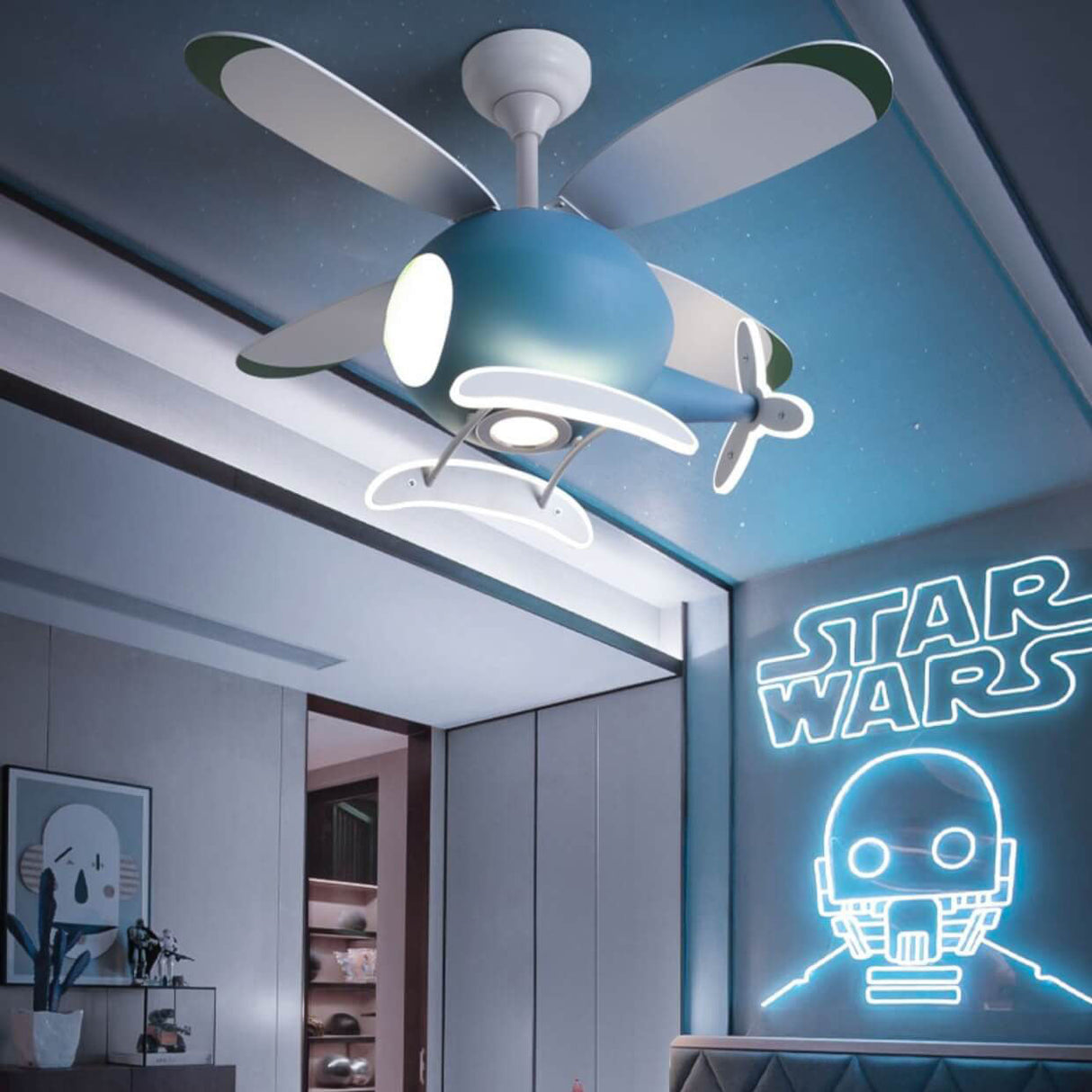 Charming Cartoon Aircraft LED Ceiling Fan Light with Downrods