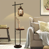 European Vintage Simple Lantern Floor Lamp with Marble Tabletop - Iron & Wood, 1-Light