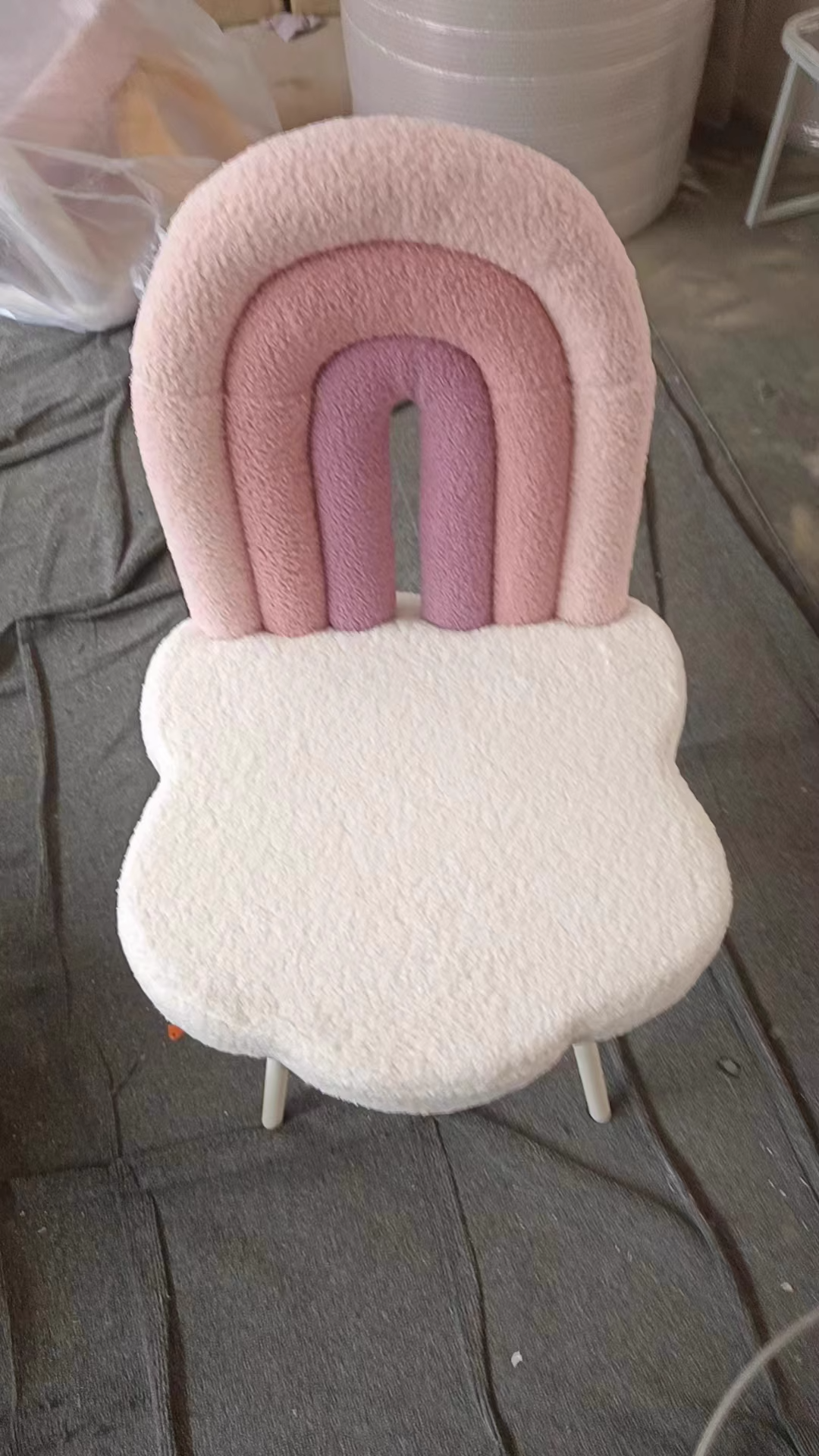 Contemporary Rainbow Lambswool Iron Vanity Stool with Backrest – Armless Bedroom Chair