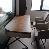 Modern Minimalist Saddle Leather & Wood Desk with Stainless Steel Oval X-Leg, 2-Drawer for Home Office