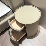 Modern Luxury Round Faux Saddle Leather Nightstand with 2 Drawers – Bedroom Accent Table