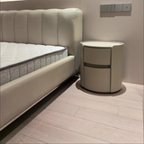 Modern Luxury Round Faux Saddle Leather Nightstand with 2 Drawers – Bedroom Accent Table