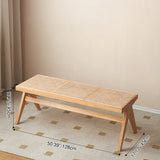 Traditional Japanese Rubber Wood & Rattan Rectangular V-Leg Bench with Handwoven Seat — Elegant Entryway & Living Room Accent