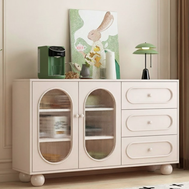 Contemporary Scandinavian Rectangular Sideboard with 1 Cabinet and 3 Drawers, Sintered Stone Surface, Fluted Glass Accents, MDF/Particle Board, Living Room