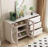 Contemporary Scandinavian Rectangular Sideboard with 1 Cabinet and 3 Drawers, Sintered Stone Surface, Fluted Glass Accents, MDF/Particle Board, Living Room