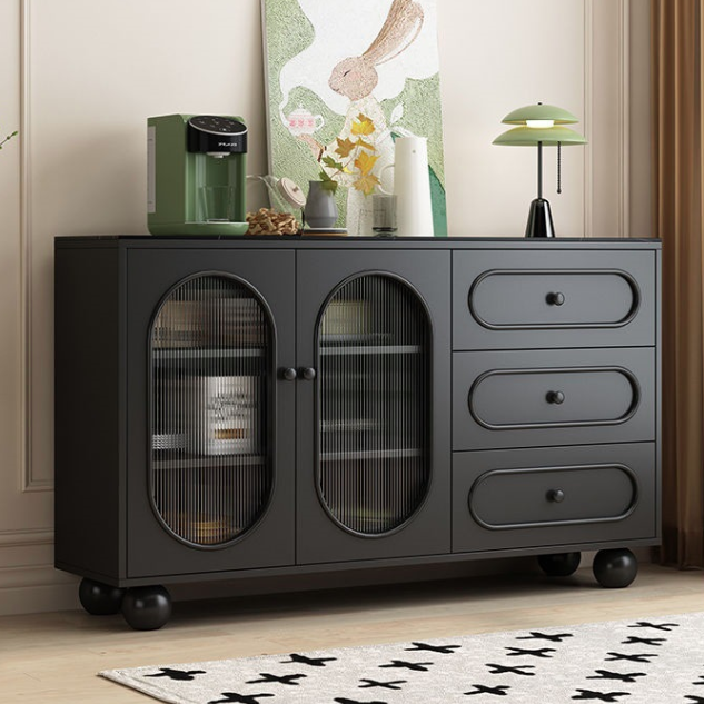 Contemporary Scandinavian Rectangular Sideboard with 1 Cabinet and 3 Drawers, Sintered Stone Surface, Fluted Glass Accents, MDF/Particle Board, Living Room