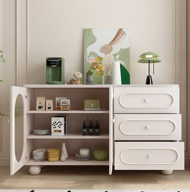 Contemporary Scandinavian Rectangular Sideboard with 1 Cabinet and 3 Drawers, Sintered Stone Surface, Fluted Glass Accents, MDF/Particle Board, Living Room