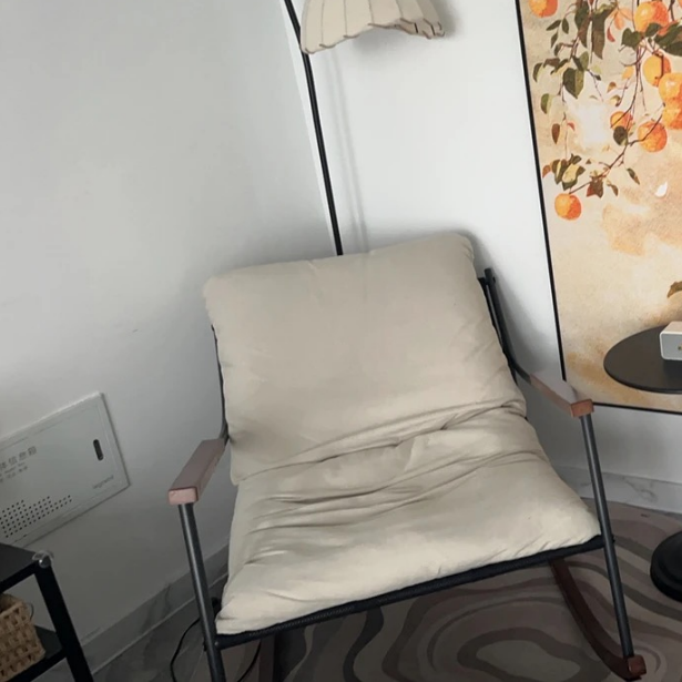 Modern Scandinavian Rocking Chair with Silver-Plated Iron Frame, Corduroy Upholstery, PP Cotton Cushions, and Solid Rubberwood — Ideal for Living Room