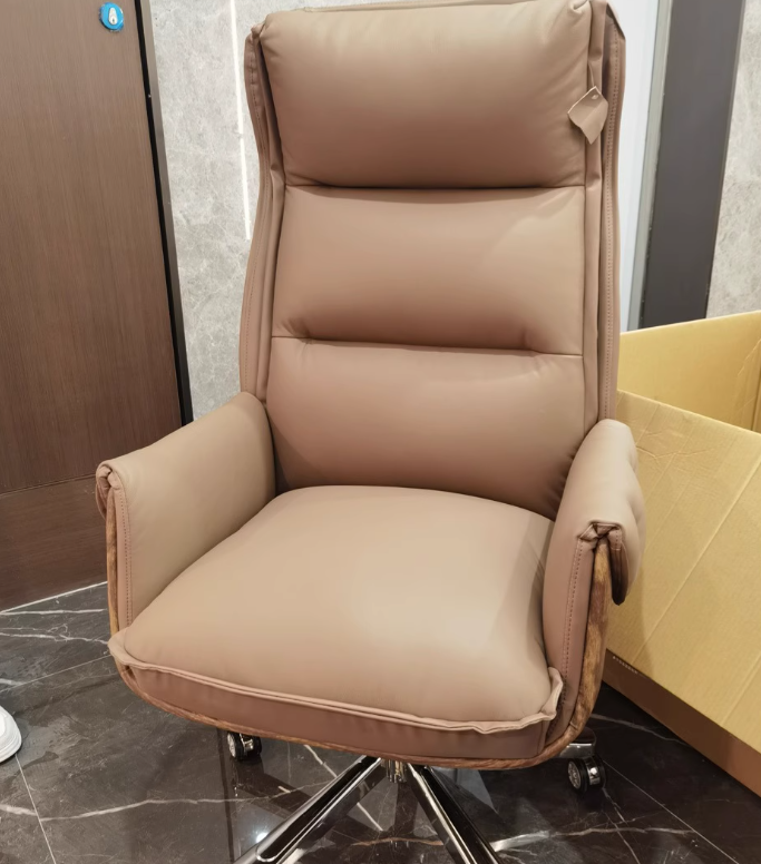 Modern Luxury Genuine Leather Desk Chair with Wood & Aluminum Frame, Rectangular Back, Footrest and Wheels - Ideal for Study and Home Office
