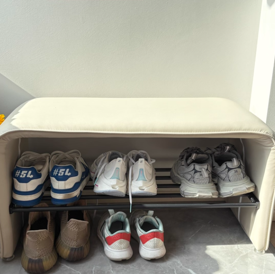 Modern Simplicity Eco-Friendly Synthetic Leather & Carbon Steel 2-Tier Rectangular Shoe Shelf Bench for Entryway