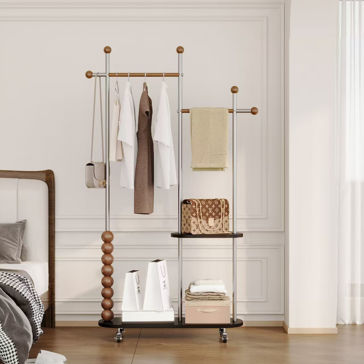 Modern Minimalist Oval Freestanding Hall Tree - Stainless Steel/Carbon Steel and Plywood, Double Hanging Bars for Bedroom