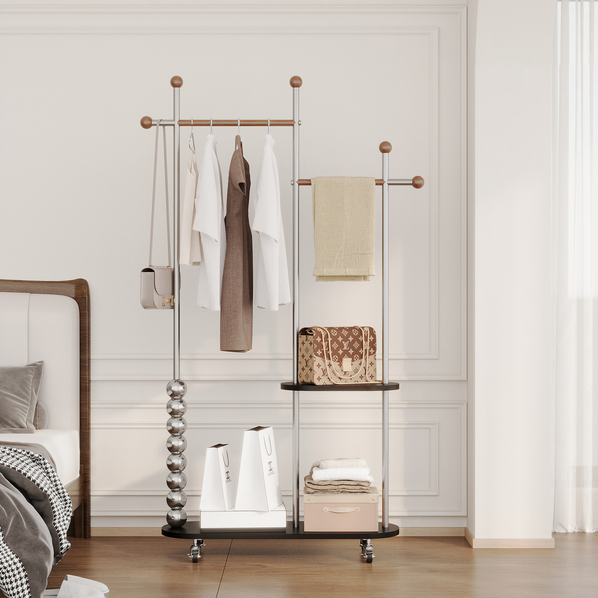 Modern Minimalist Oval Freestanding Hall Tree - Stainless Steel/Carbon Steel and Plywood, Double Hanging Bars for Bedroom