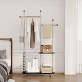 Modern Minimalist Oval Freestanding Hall Tree - Stainless Steel/Carbon Steel and Plywood, Double Hanging Bars for Bedroom