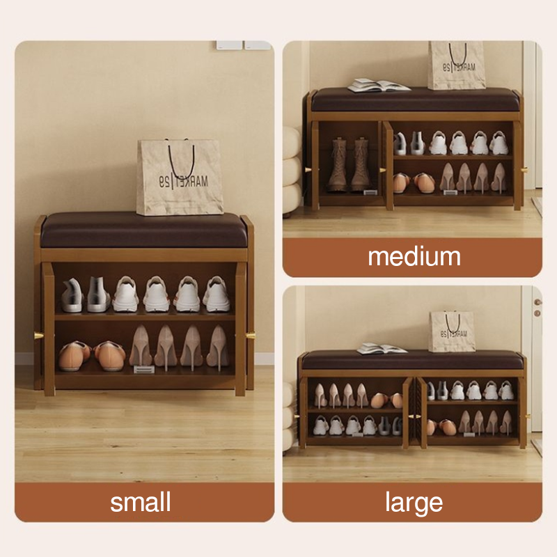 Modern Minimalist Rectangular Bamboo Faux Leather Shoe Bench — 2-, 3-, or 4-Cabinet Configurations for Entryway