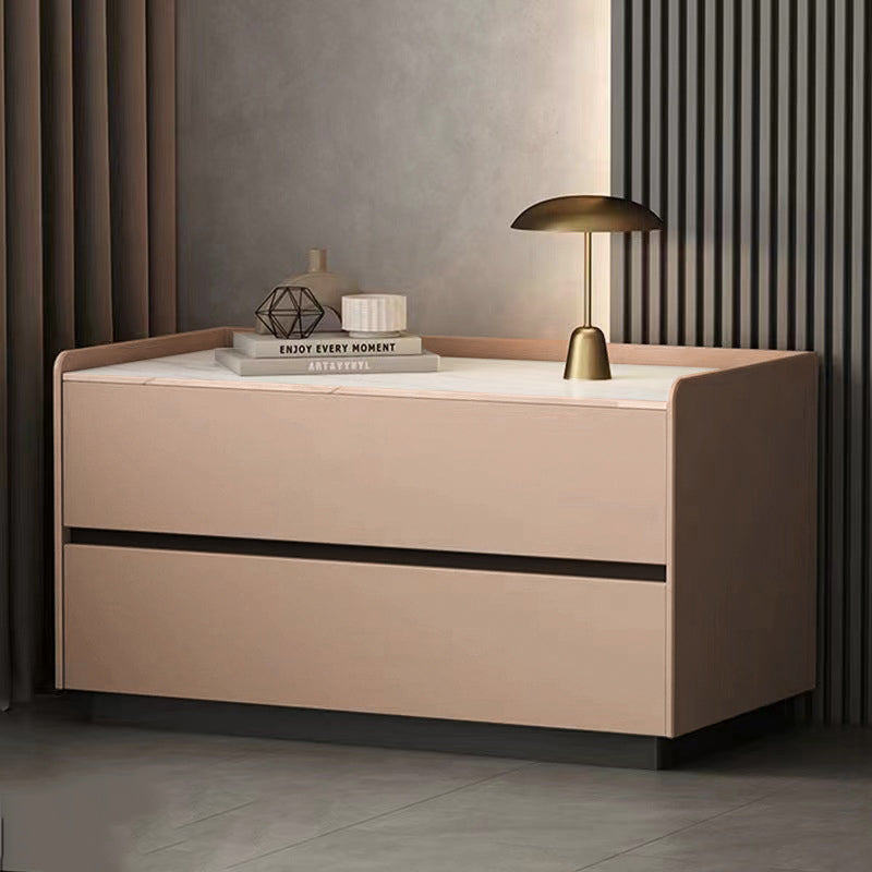 Modern Minimalist Nightstand — Solid Wood & Microfiber Leather, Rectangular Slab Design, 2-Drawer Bedroom Table