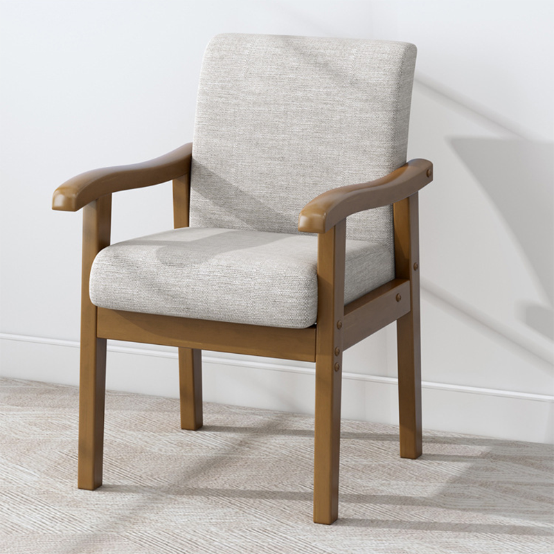 Modern Minimalist Square-Rectangular Rubberwood Desk Chair with Cotton-Linen Upholstery, Ergonomic Backrest & Armrests for Home Office