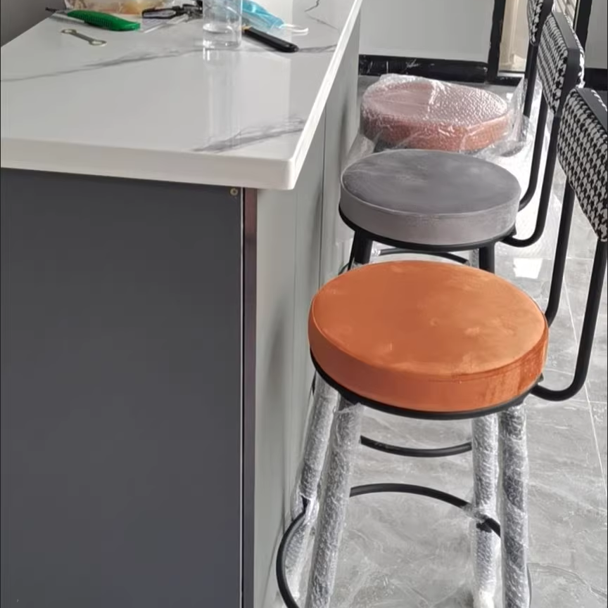 Sleek Contemporary Nordic Round Bar Stool Upholstered in Cotton-Linen Fabric with Backrest and Footrest for Dining Room