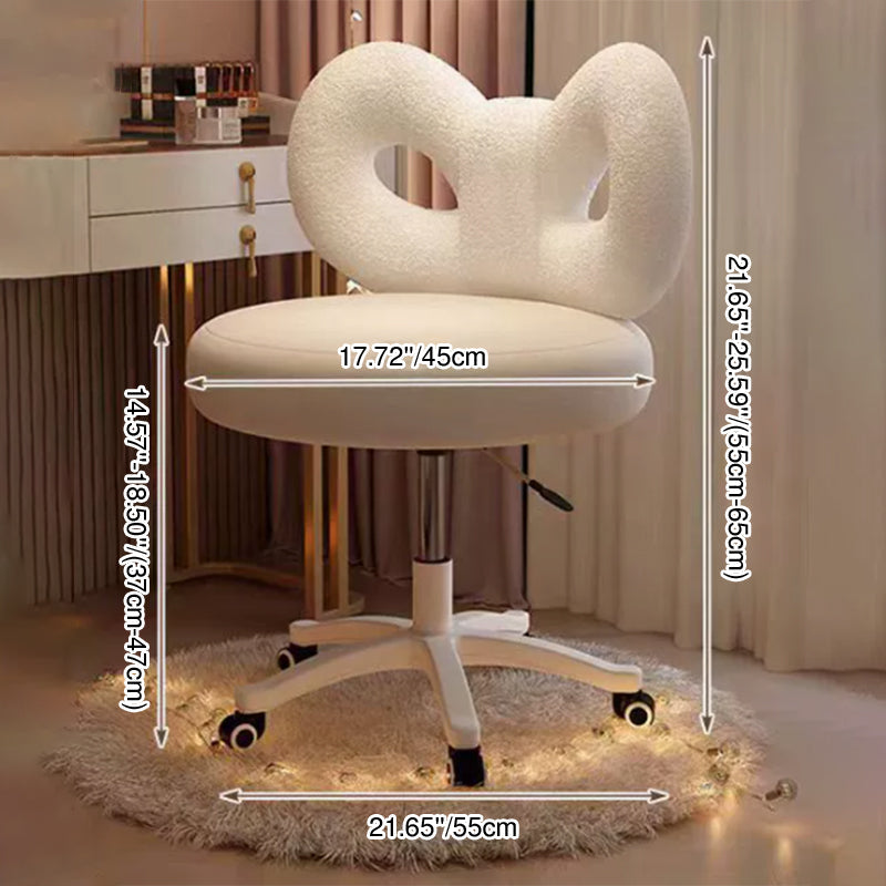 Modern Art Deco Butterfly Knot Vanity Stool – Round Lambswool and Faux Leather Seat, Metal Frame, Backrest, Armless, for Bedroom