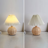 Chic Nordic Rattan Fabric Pleated Conic Ball LED Table Lamp for Bedroom - Modern Ambient Lighting