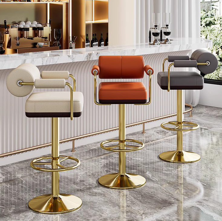 Luxurious Contemporary Faux Leather Upholstered Height-Adjustable Swivel Bar Stool with Armrests and Footrest for Dining Room