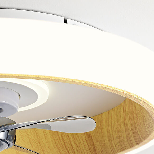 Nordic Minimalist Round LED Flush-Mount Ceiling Fan Light with Wood-Grain Acrylic Finish