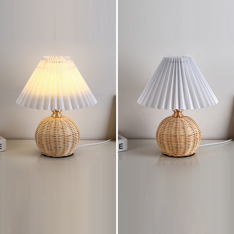 Chic Nordic Rattan Fabric Pleated Conic Ball LED Table Lamp for Bedroom - Modern Ambient Lighting