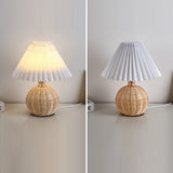 Chic Nordic Rattan Fabric Pleated Conic Ball LED Table Lamp for Bedroom - Modern Ambient Lighting