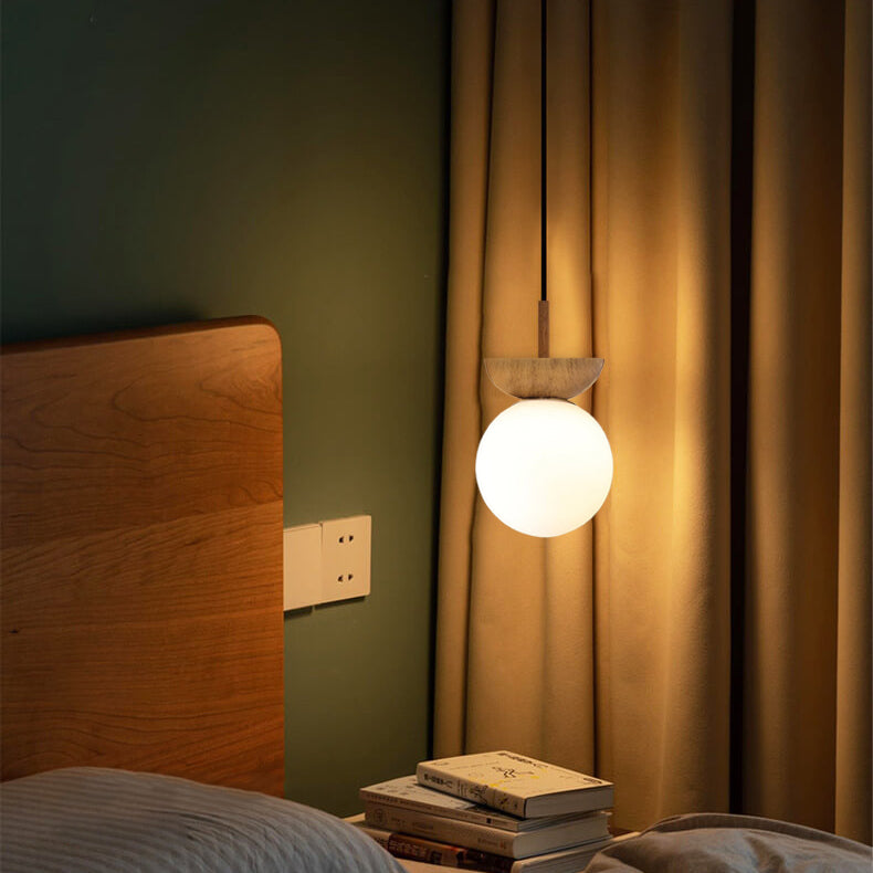 Nordic Japanese Glass Orb Ceiling Light — Wood Grain Iron Finish, 1-Light