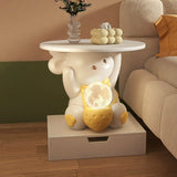 Modern Art Deco Kids Rabbit End Table with 1 Drawer and LED Light — Round Top, Resin-Wood Enamel Finish, Bedroom Nightstand