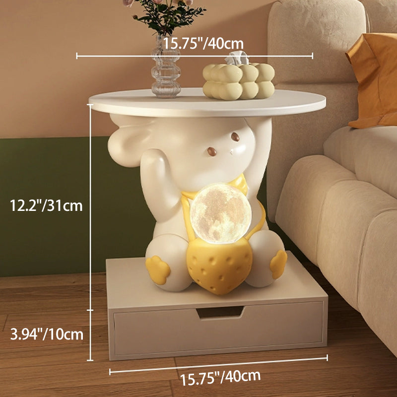 Modern Art Deco Kids Rabbit End Table with 1 Drawer and LED Light — Round Top, Resin-Wood Enamel Finish, Bedroom Nightstand