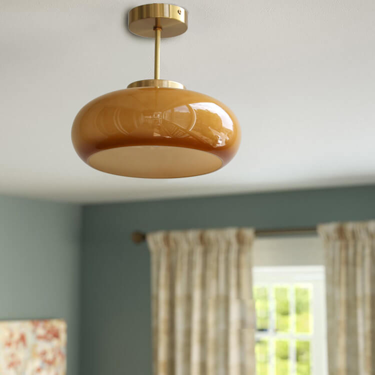 Vintage Brass & Yellow Glass 1-Light Semi-Flush Mount Ceiling Light