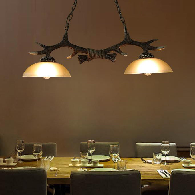 Vintage Resin Antler Chandelier with Glass Bowl Shade – 2-Light Fixture