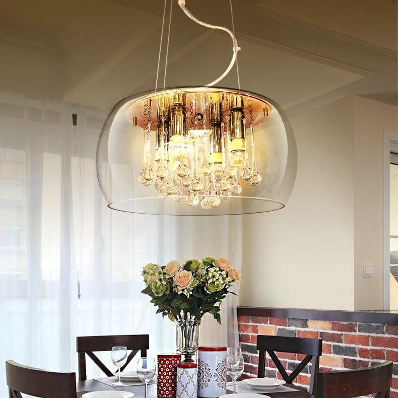 Elegant Modern Glass Shade 6-Light Crystal Hanging Chandelier