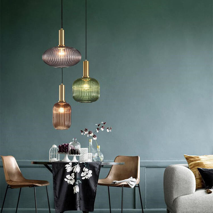 Chic Minimalist Striped Glass Lantern Pendant Light — 1 Light Fixture