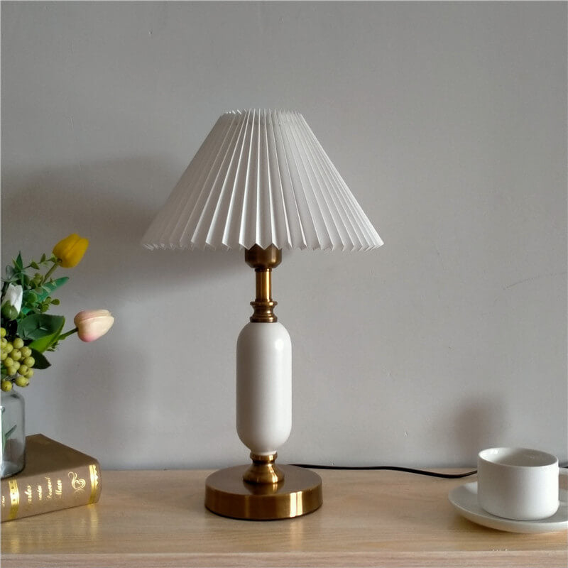 Vintage-Style 1-Light Table Lamp with Pleated Shade and Column Base