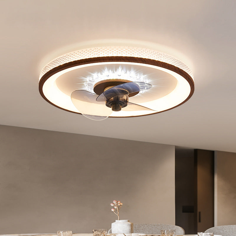 Nordic Minimalist Round LED Flush-Mount Ceiling Fan Light with Wood-Grain Acrylic Finish
