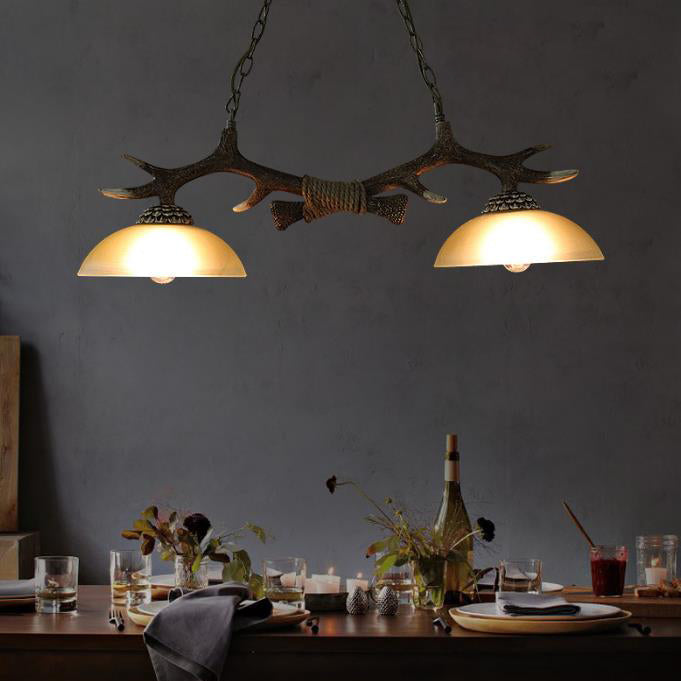Vintage Resin Antler Chandelier with Glass Bowl Shade – 2-Light Fixture