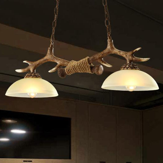 Vintage Resin Antler Chandelier with Glass Bowl Shade – 2-Light Fixture
