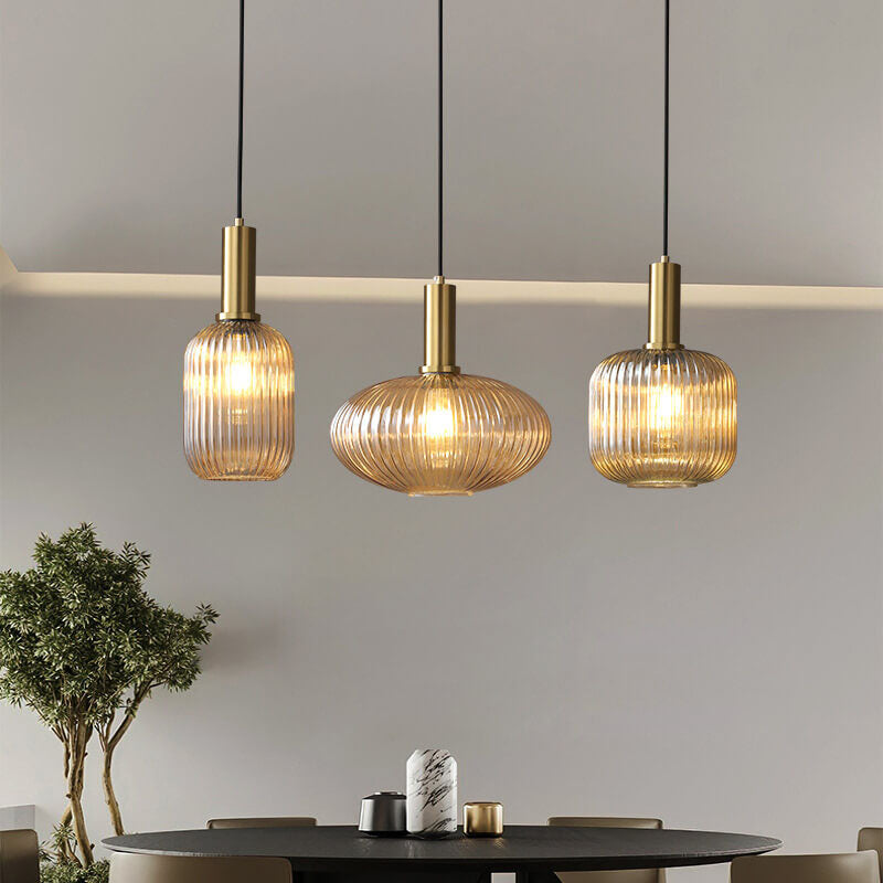 Chic Minimalist Striped Glass Lantern Pendant Light — 1 Light Fixture