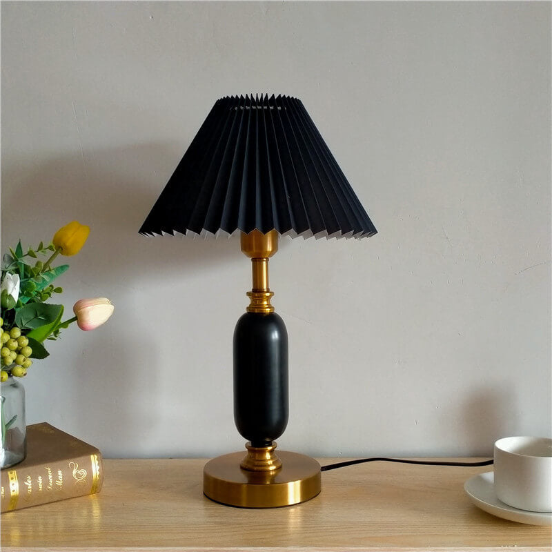 Vintage-Style 1-Light Table Lamp with Pleated Shade and Column Base