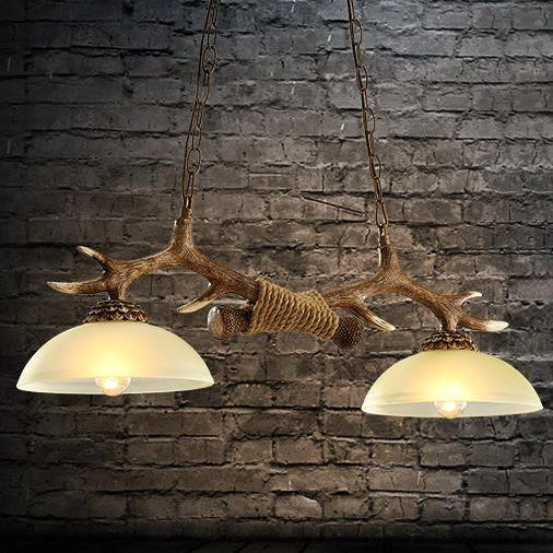 Vintage Resin Antler Chandelier with Glass Bowl Shade – 2-Light Fixture